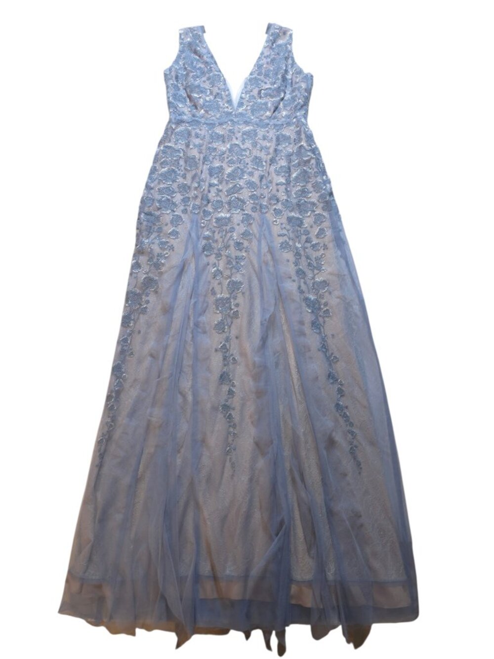 BCBGMAXAZRIA Blue Floral Embroidered Tulle Formal Gown Dress Size 12
